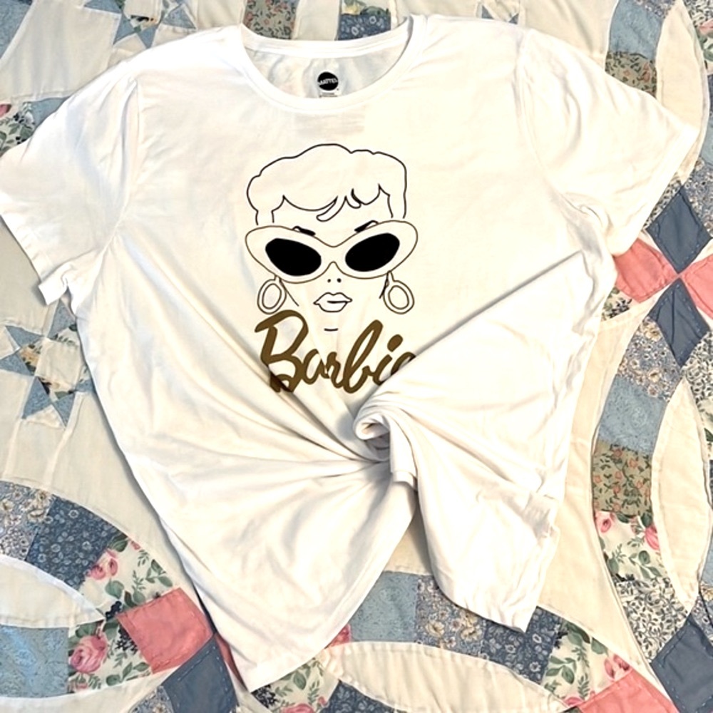 NWT Barbie Retro Graphic Tee XL Official Mattel White Gold Logo T-Shirt 100% Cot